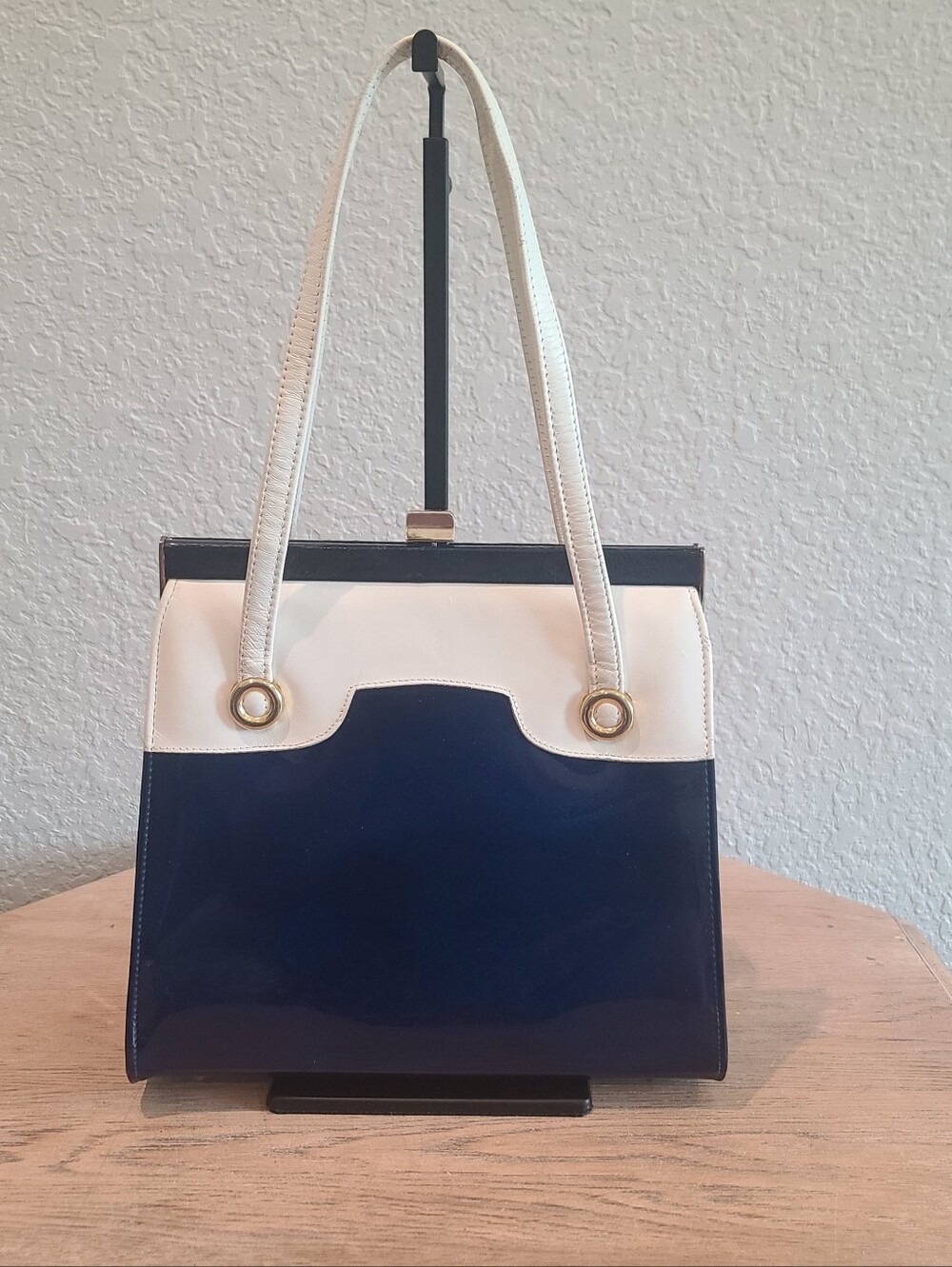 Vtg 1960s Navy & White Patent Color Block Structured Top Handle Handbag Mod Box